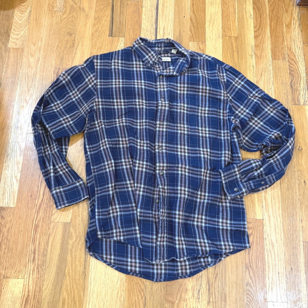 GH Bass Mens Navy Blue Brown Plaid Flannel Button Down Shirt Medium n5